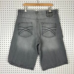 Mecca Men Baggy Denim Shorts Size 36 Gray Y2K Hip Hop Embroidered Streetwear 90s
